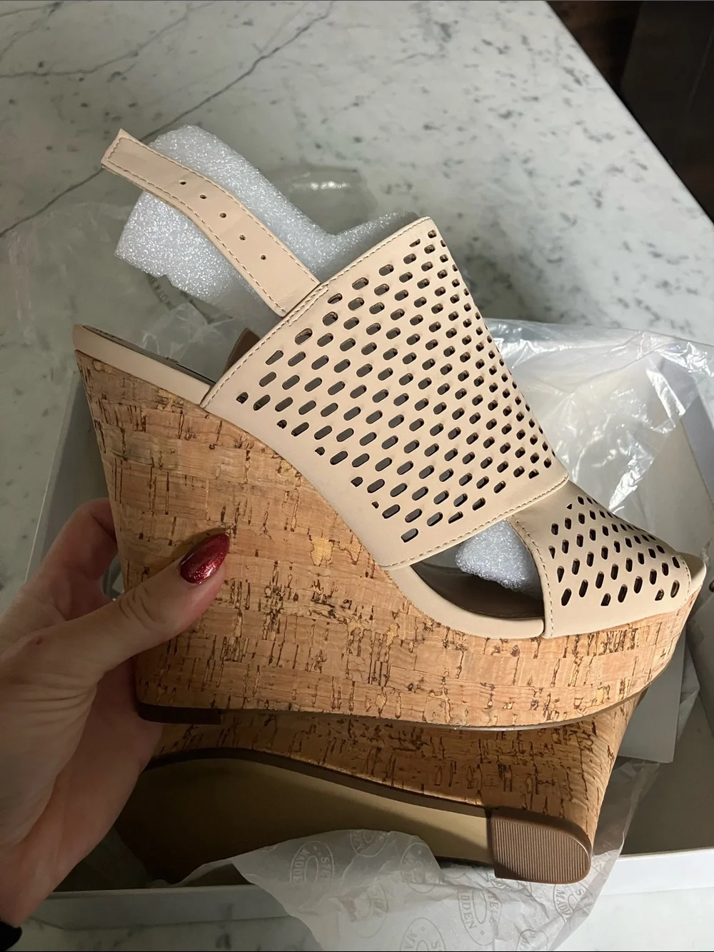Steve Madden Beige Laser-Cut Cork Wedge Slingback